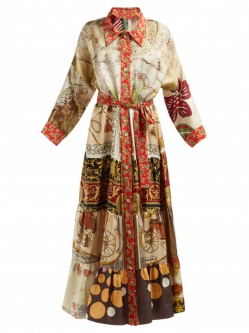 RIANNA + NINA Tiered silk satin-twill dress in camel ~ mixed vintage prints
