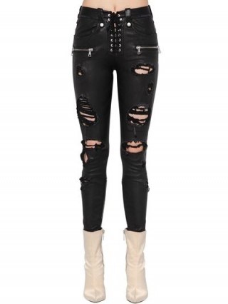 UNRAVEL DESTROYED LACE-UP LEATHER PANTS BLACK – classic ripped skinnies - flipped