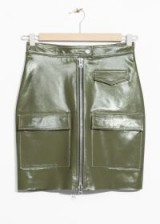 & other stories Utilitarian Patent Leather Skirt in Khaki-Green | luxe utility skirts
