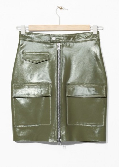 & other stories Utilitarian Patent Leather Skirt in Khaki-Green | luxe utility skirts - flipped