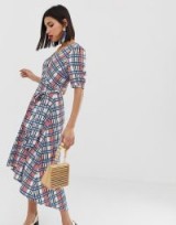 Vero Moda textured check wrap dress with volume sleeve / dipped hem dressed / crossover front