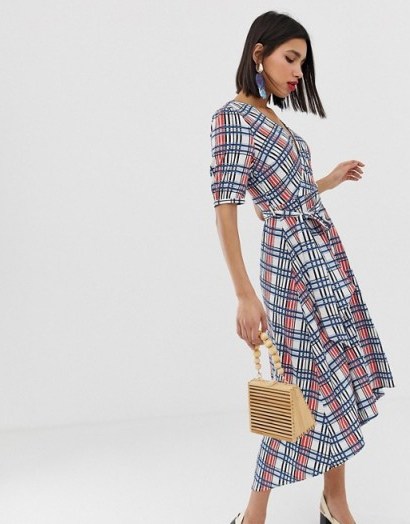 Vero Moda textured check wrap dress with volume sleeve / dipped hem dressed / crossover front - flipped