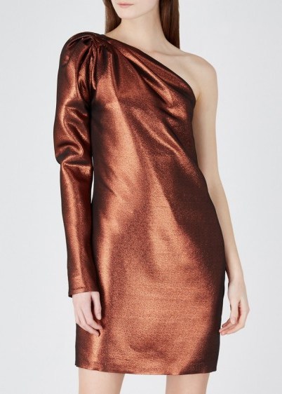 VICTORIA, VICTORIA BECKHAM Copper one-shoulder lamé mini dress ~ metallic partywear - flipped