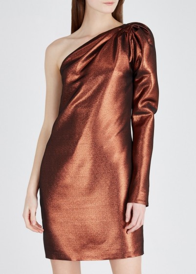VICTORIA, VICTORIA BECKHAM Copper one-shoulder lamé mini dress ~ metallic partywear