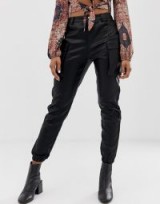 Wild Honey faux leather cargo trousers in black | cuffed hem side-pocket pants