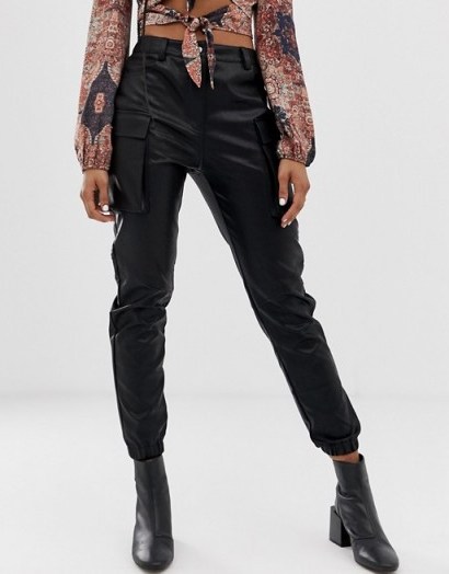 Wild Honey faux leather cargo trousers in black | cuffed hem side-pocket pants - flipped