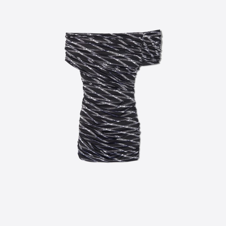 BALENCIAGA MONOGRAM ASYMMETRICAL STRETCH DRESS in Grey | off shoulder designer mini - flipped