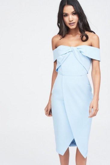 LAVISH ALICE woven twist bardot midi dress in cornflower blue – wrap style going out dresses - flipped