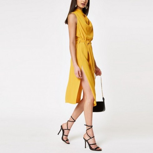 RIVER ISLAND Yellow cowl neck tie waist sleeveless dress – evening glamour - flipped