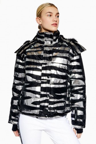 Topshop SNO Zebra Foil Print Jacket in Silver | animal print ski jackets | winter sports fashion