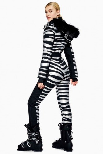 Topshop SNO Zebra Snow Suit in Black | glamour on the slopes | animal print ski suits - flipped
