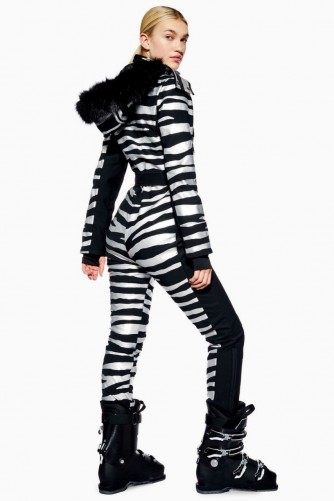Topshop SNO Zebra Snow Suit in Black | glamour on the slopes | animal print ski suits