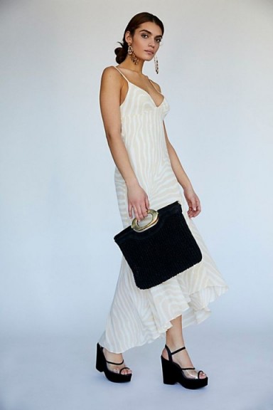 Shona Joy Fabiana Bias Frill Midi Dress in Zebra / Honey | cami strap plunge-front maxi dresses | high-low hemline