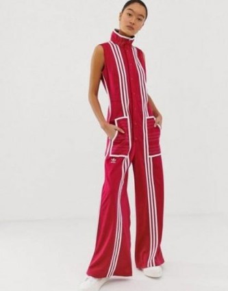 adidas Originals x Ji Won Choi mixed stripe jumpsuit in pride pink – sporty high neck jumpsuits - flipped