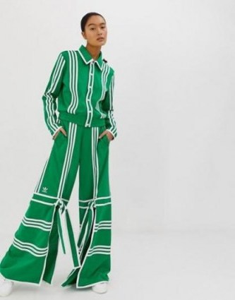 adidas Originals x Ji Won Choi split front track pants in green – sporty wide leg trousers - flipped