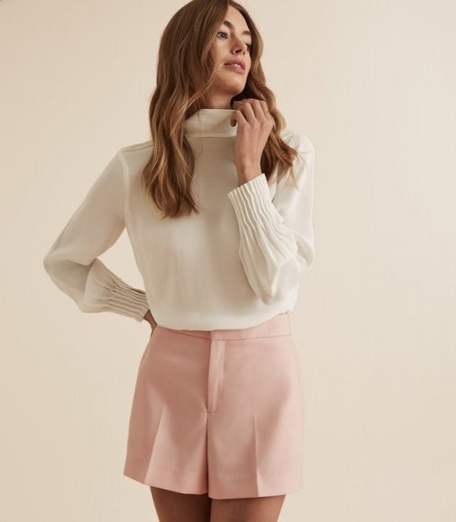 REISS ADINA HIGH NECK BLOUSE WHITE ~ chic pleated cuffs - flipped