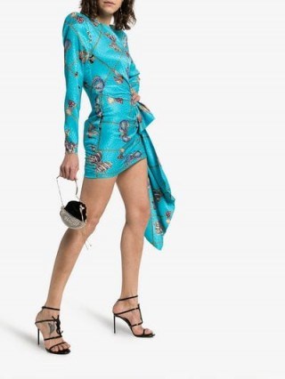 Alessandra Rich Bow Print Silk Mini Dress in Blue ~ 80s style glamour - flipped