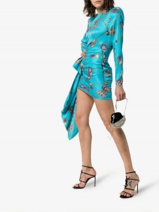 Alessandra Rich Bow Print Silk Mini Dress in Blue ~ 80s style glamour