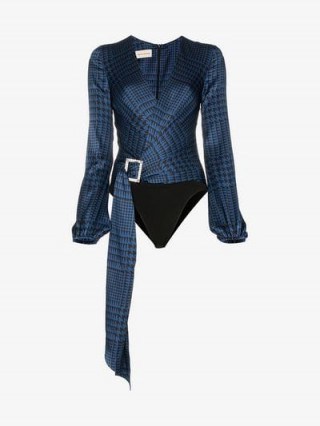 Alexandre Vauthier V-Neck Diamanté Clasp All-In-One in Blue and Black ~ luxe bodysuits - flipped