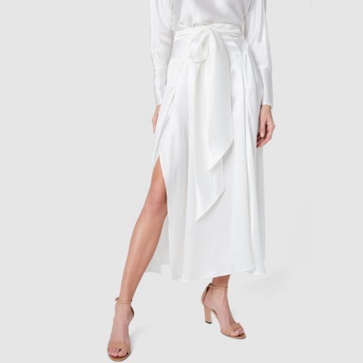 Datura ALMA SILK SATIN SKIRT in Ivory | slinky side slit skirts - flipped