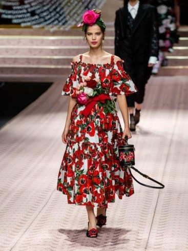 DOLCE & GABBANA Anenome-print ruffle cotton midi dress ~ red and white floral summer dresses - flipped
