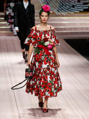 DOLCE & GABBANA Anenome-print ruffle cotton midi dress ~ red and white floral summer dresses