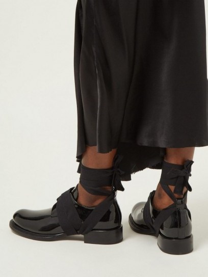 ANN DEMEULEMEESTER Ankle-tie patent leather loafers in black ~ glossy ankle wrap shoes - flipped