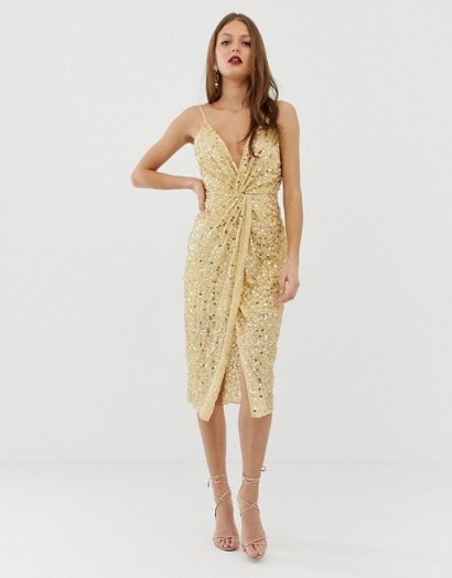 ASOS DESIGN midi strappy cami dress with knot front plunge in scatter sequin in champagne - flipped