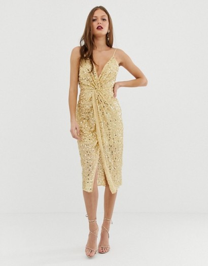 ASOS DESIGN midi strappy cami dress with knot front plunge in scatter sequin in champagne