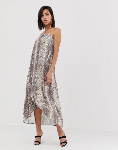 ASOS DESIGN satin bandeau maxi dress in snake print – strapless evening dresses