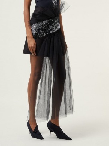 GERMANIER Asymmetric gathered tulle and twill mini skirt in black ~ crystal embellished skirts - flipped