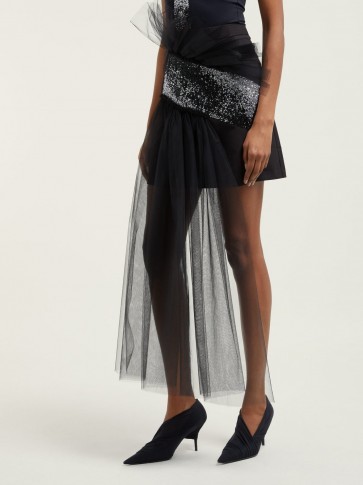 GERMANIER Asymmetric gathered tulle and twill mini skirt in black ~ crystal embellished skirts