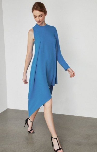 BCBGMAXAZRIA Asymmetrical Mock Neck Dress in French Blue ~ chic event wear ~ one sleeve dresses - flipped