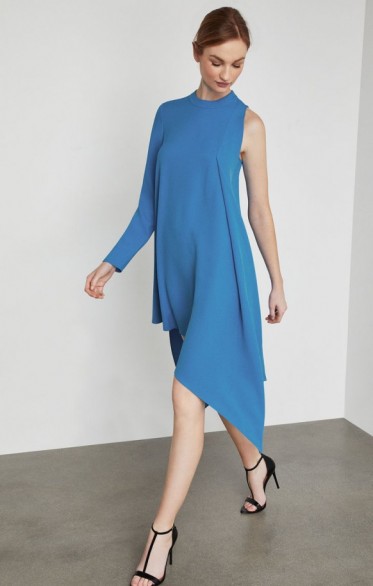 BCBGMAXAZRIA Asymmetrical Mock Neck Dress in French Blue ~ chic event wear ~ one sleeve dresses