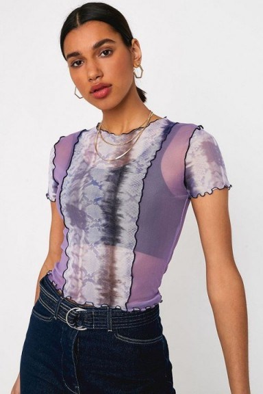 UO Snake Print Panelled Mesh Short-Sleeve Top in Lilac - flipped