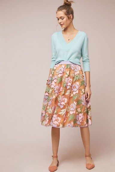 Maeve Pixilated Tulle Midi Skirt in Peach - flipped