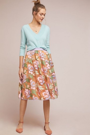 Maeve Pixilated Tulle Midi Skirt in Peach