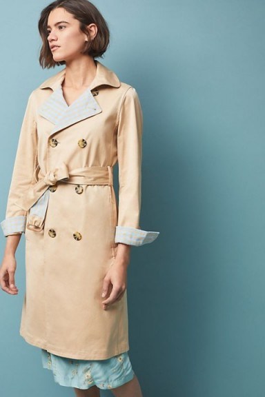 ANTHROPOLOGIE Gingham-Detailed Trench Coat in Sand ~ neutral spring coats - flipped