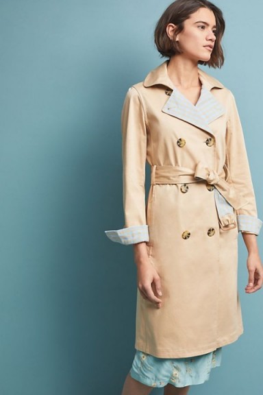ANTHROPOLOGIE Gingham-Detailed Trench Coat in Sand ~ neutral spring coats