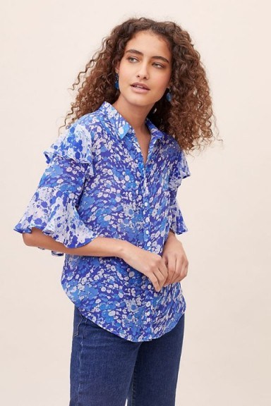 Lily & Lionel Forget Me Not Ruffled-Printed Blouse in Blue ~ floral prints - flipped