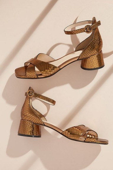 Elvio Zanon Piper Snake-Effect Leather Heels in Bronze ~ metallic block heel sandals ~ shoes at Anthropologie - flipped