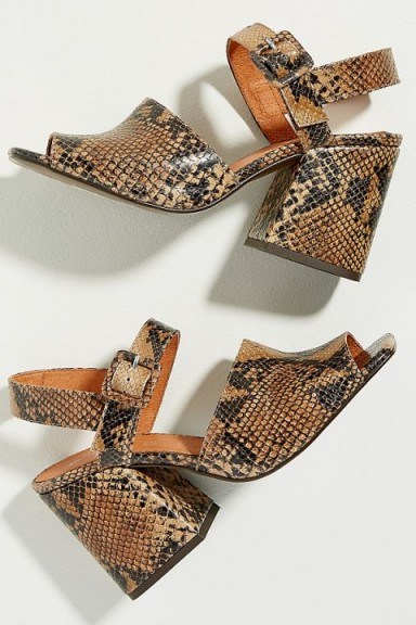Chio Snake-Effect Leather Block Heels in Brown ~ chunky retro sandals - flipped