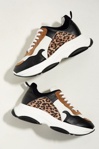 Just Female Leopard Print-Trimmed Leather Trainers in Black and White ~ brown trim chunky sole sneakers - flipped