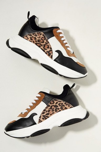 Just Female Leopard Print-Trimmed Leather Trainers in Black and White ~ brown trim chunky sole sneakers