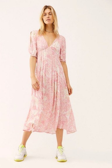FREE PEOPLE Forever Always Midi Dress in Pink Combo | floaty frock | deep V-neckline - flipped