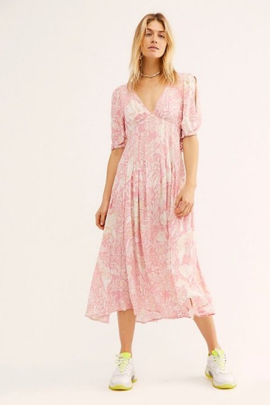 FREE PEOPLE Forever Always Midi Dress in Pink Combo | floaty frock | deep V-neckline