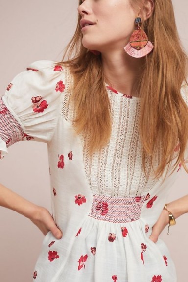 Ranna Gill Rai Smocked Floral Top in White | smock detail blouse