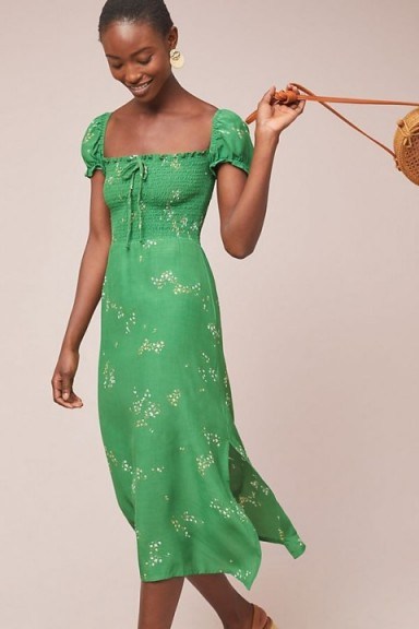 Faithfull the Brand Betsy Floral-Print Midi Dress in Green Motif | smocked dresses - flipped