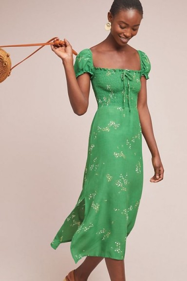 Faithfull the Brand Betsy Floral-Print Midi Dress in Green Motif | smocked dresses