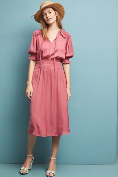 Current Air Cape May Midi Dress in Pink ~ smocked detail clothing